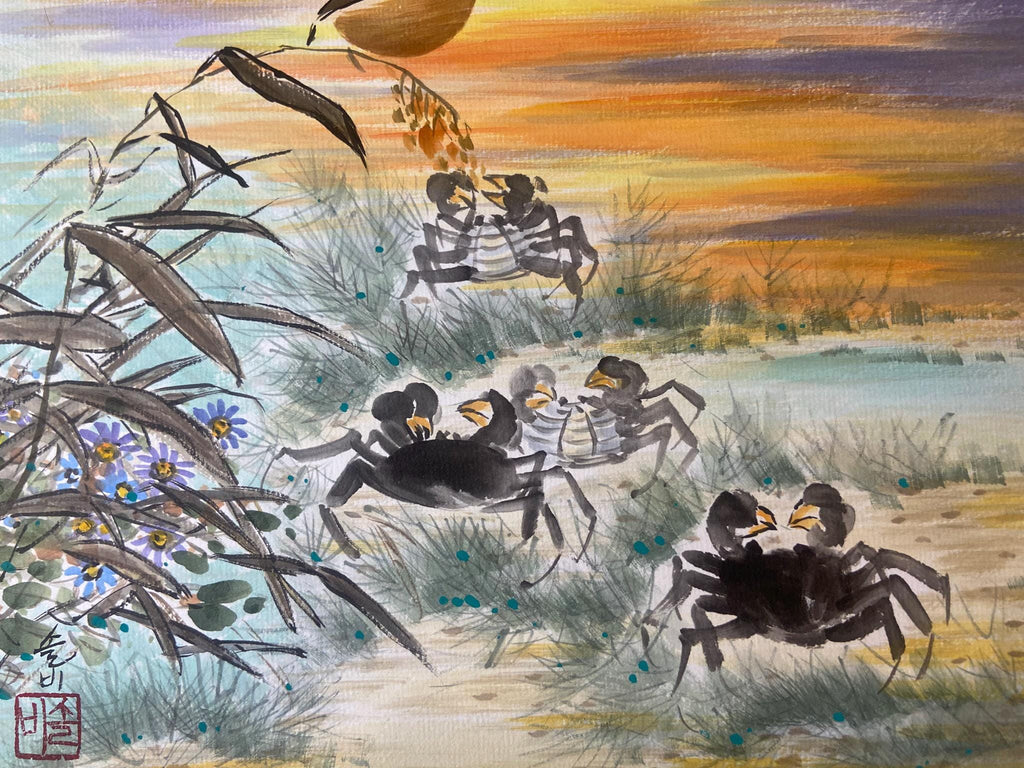 Korean traditional art, Korean folk painting, Traditional Asian Ink Wash Art, Korea wall decor, Crabs at Sunset with Bamboo Wildflowers