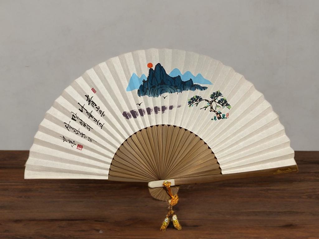 Hand-Painted Korean Folding Fan: Mountain Landscape Art, Silk Tassel