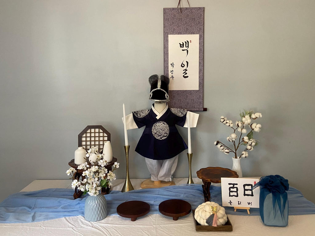 Boy A Hanbok Rental | Navy & Ivory 100 Days Hanbok | Korean Baby Boy Baekil Outfit | Royal Style Traditional Korean Dress with Hat | Size 0