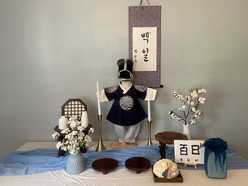 Boy A Hanbok Rental | Navy & Ivory 100 Days Hanbok | Korean Baby Boy Baekil Outfit | Royal Style Traditional Korean Dress with Hat | Size 0