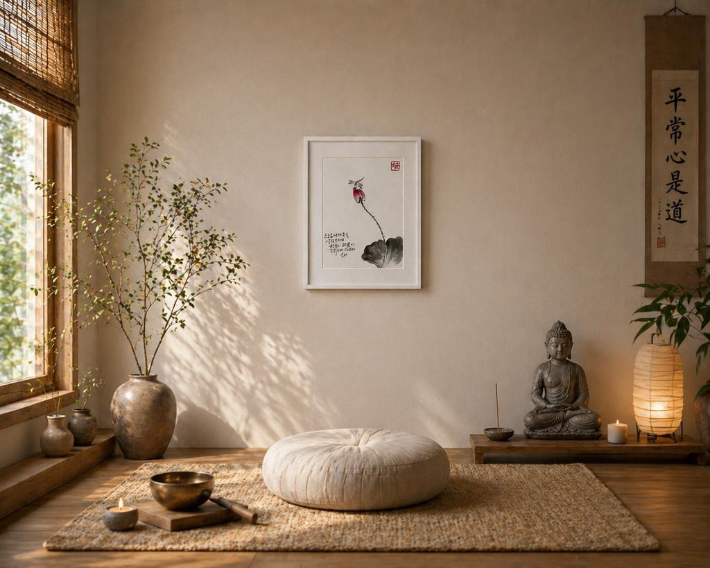 Korean Lotus Calligraphy Art | Dragonfly Painting | 8x10 Framed Wall Art | Zen Ink Artwork | Handmade Korean Art | Minimal Spiritual Decor