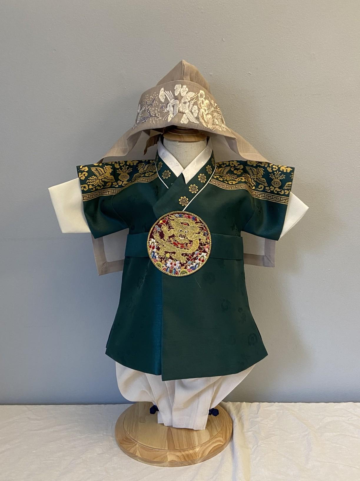 Boy B Hanbok Rental | Green & Gold 100 Days Outfit | Baby Boy Baekil Hanbok | Royal Traditional Hanbok Rental | Boy Hanbok Set | Size 0