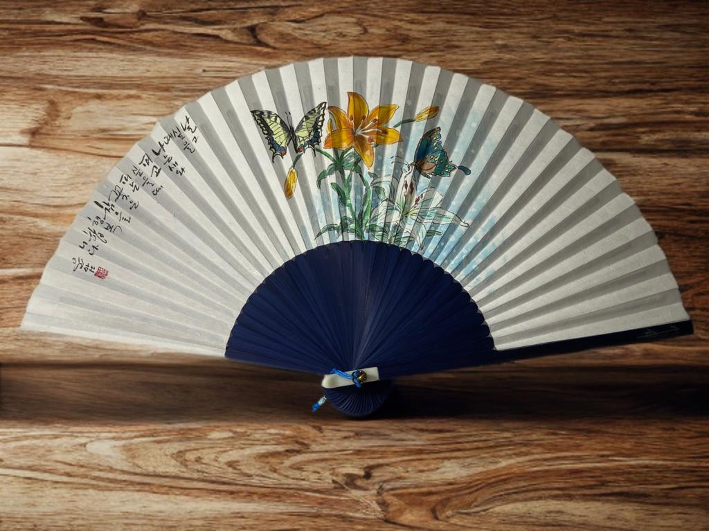 Korean Calligraphy Fan: Hand-Painted Butterflies & Flowers, Blue Asian Wall Art
