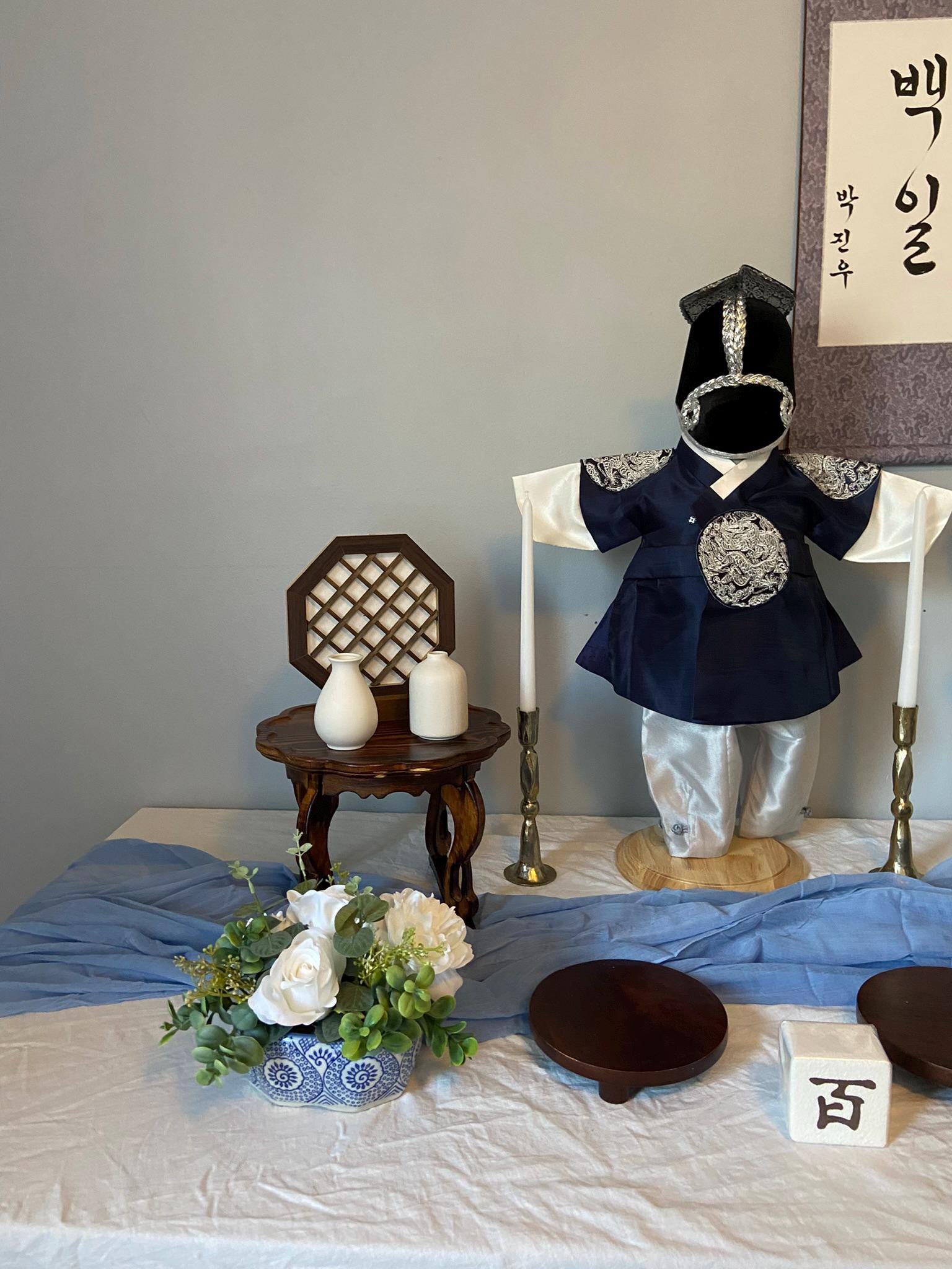 Beakil Table Rental | Handwritten Name Scroll | Korean Traditional Dohl Table | First Birthday Table | Dohljabi Kit | Plum Blossom | Hanbok