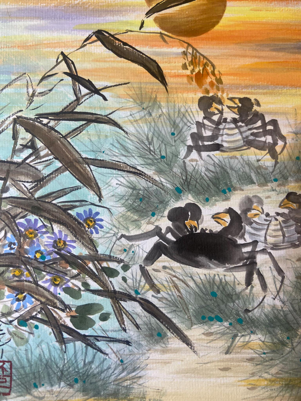 Korean traditional art, Korean folk painting, Traditional Asian Ink Wash Art, Korea wall decor, Crabs at Sunset with Bamboo Wildflowers