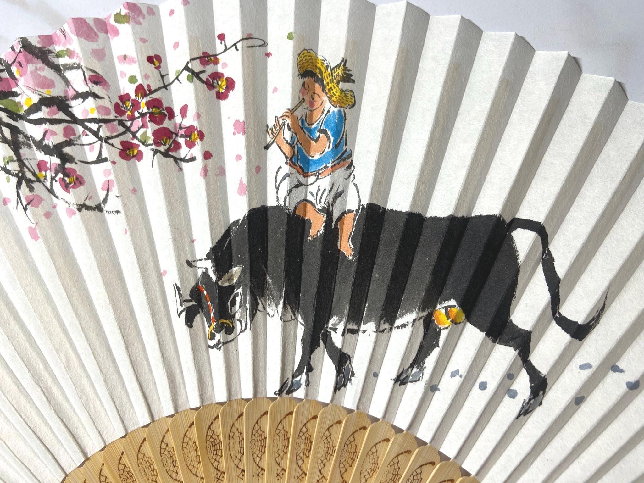 Korean Traditional Folding Fan, Hand Painted Ox & Farmer Art Fan, Korean Calligraphy Fan, Asian Wall Decor, Handmade Gift