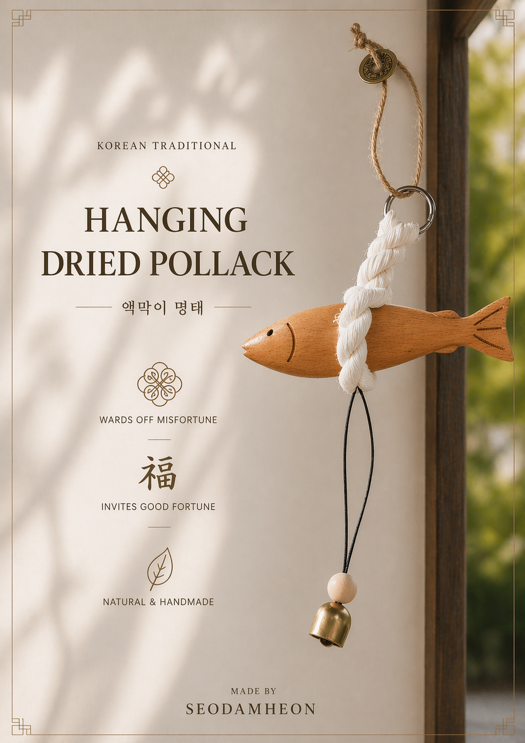 Korean Good Luck Pollock Charm | Traditional Protection Amulet | Wooden Pollack Door Hanging | Housewarming Gift | Wind Bell | 액막이 명태