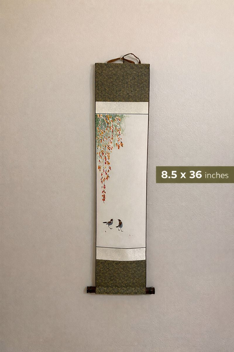Korean Traditional Hanging Scroll – Birds & Autumn Leaves Wall Art