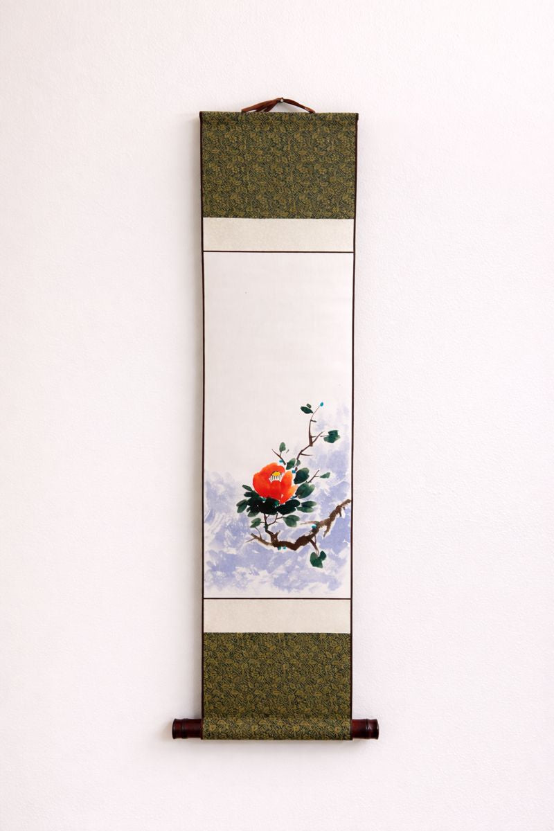Red Camellia Floral Wall Art | Korean Traditional Hanging Scroll | Minimalist Jokja Wall Art