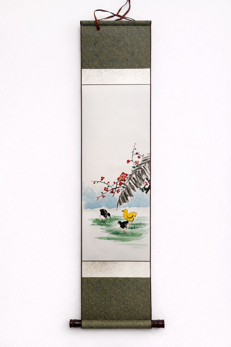 Korean Plum Blossom & Chicks Hanging Scroll | Traditional Jokja Wall Art | Korean Traditional Hanging Scroll