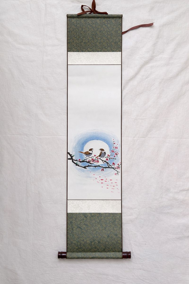Korean Sparrow Hanging Scroll | Plum Blossom Jokja Wall Art | Korean Traditional Hanging Scroll – Sparrows & Plum Blossoms Wall Art