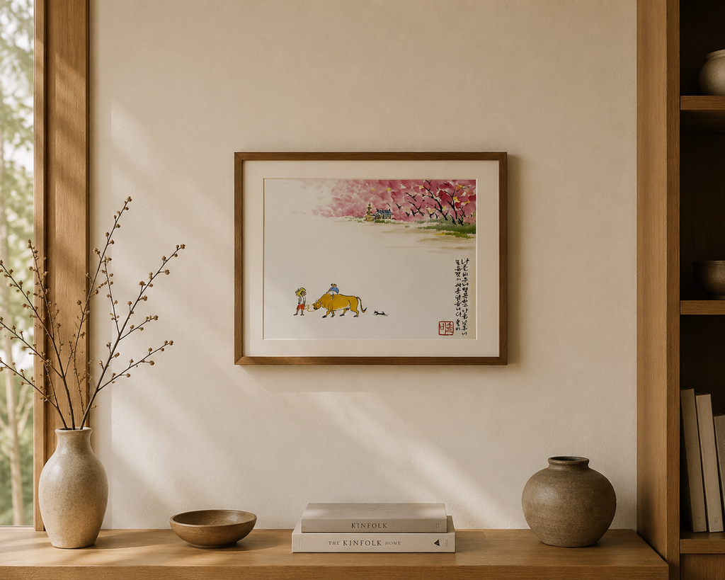 Boy with Ox, Cherry Blossom Village, Korean Minimalist Watercolor Painting, Asian Ink Art Spring Nature Scene, Ink painting, Calligraphy Art