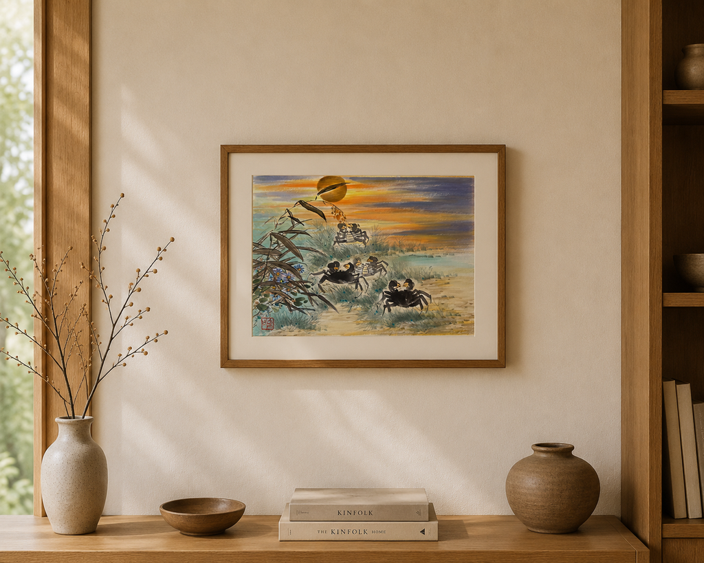 Korean traditional art, Korean folk painting, Traditional Asian Ink Wash Art, Korea wall decor, Crabs at Sunset with Bamboo Wildflowers