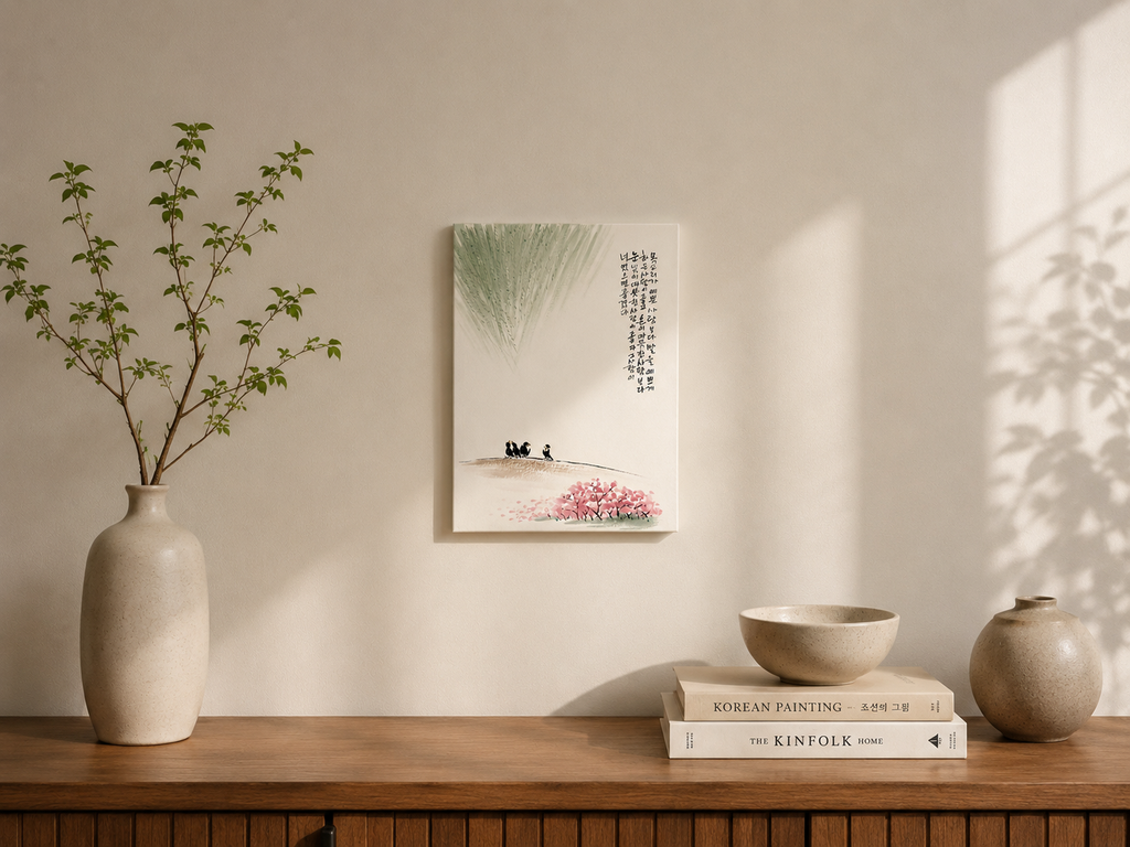 Korean Calligraphy Bird Painting | Minimal Korean Ink Artwork with Poem | Traditional Korean Wall Art | 13 x 9.5 inches
