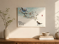 Sparrow Plum Blossom Painting | Traditional Korean Ink Style Artwork | Korean Calligraphy | Unframed Art | Korean Painting | 13 x 9.5 inches