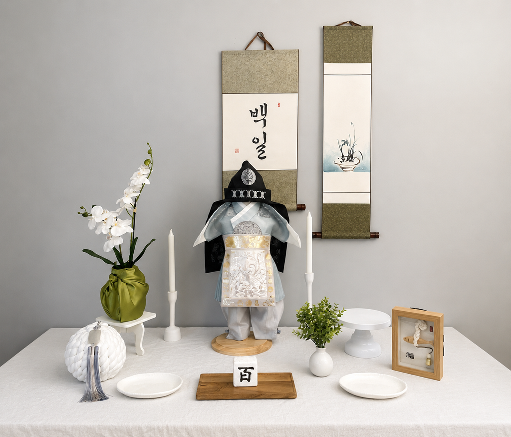 Minimal Korean Baek-il Table Set Rental | Modern White Dol Table Decor | Traditional Korean 100th Day Celebration | Gallery Style Dol Sang