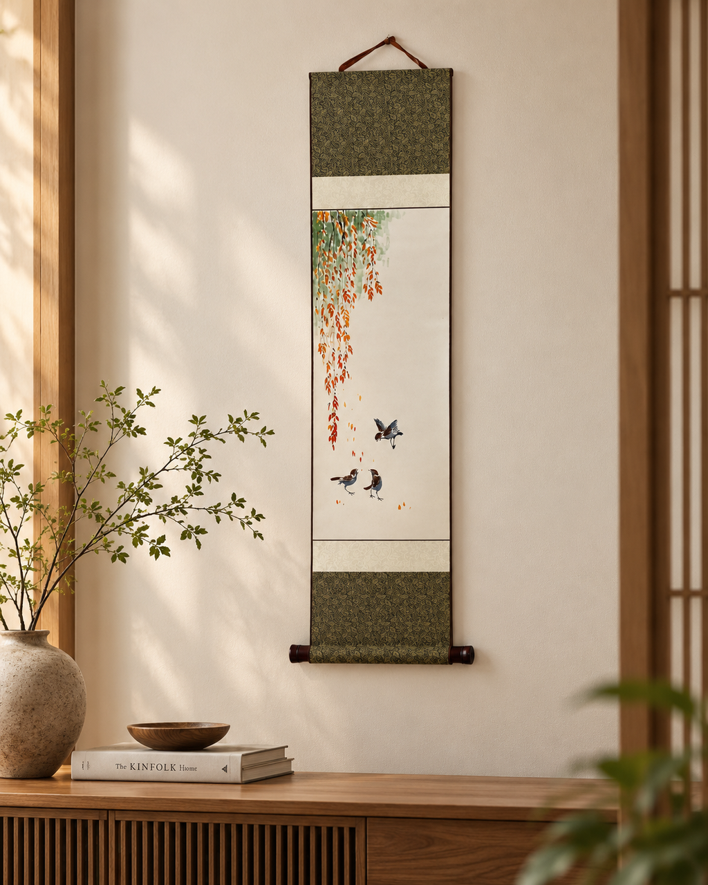 Korean Traditional Hanging Scroll – Birds & Autumn Leaves Wall Art