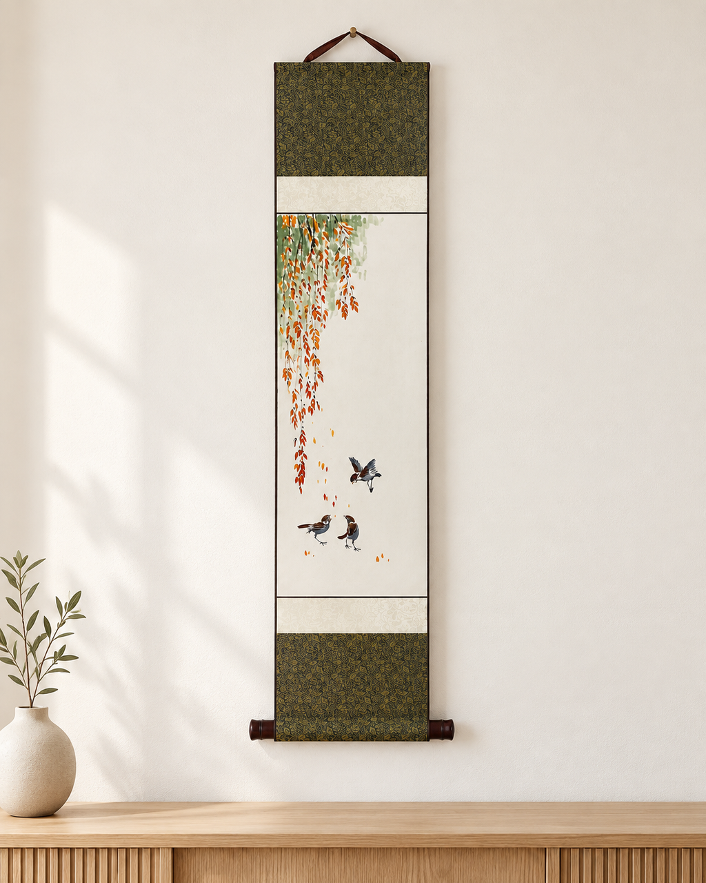 Korean Traditional Hanging Scroll – Birds & Autumn Leaves Wall Art