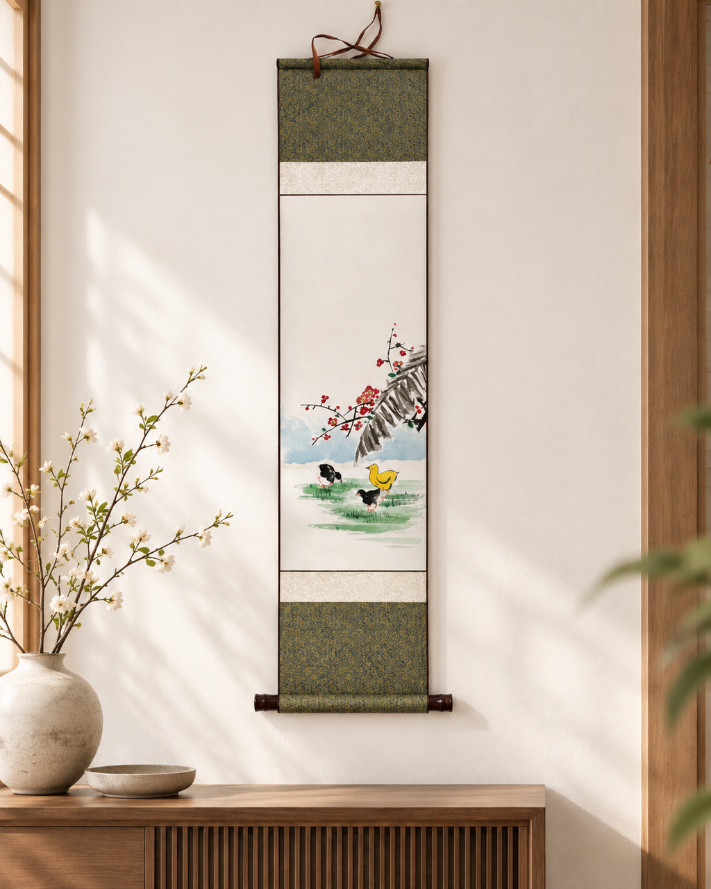 Korean Plum Blossom & Chicks Hanging Scroll | Traditional Jokja Wall Art | Korean Traditional Hanging Scroll