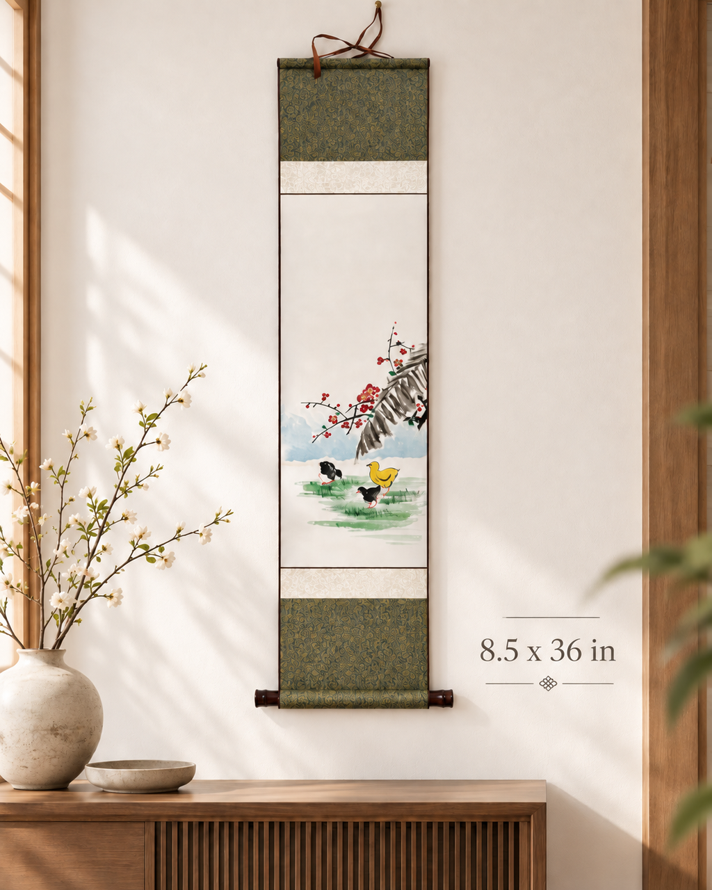 Korean Plum Blossom & Chicks Hanging Scroll | Traditional Jokja Wall Art | Korean Traditional Hanging Scroll