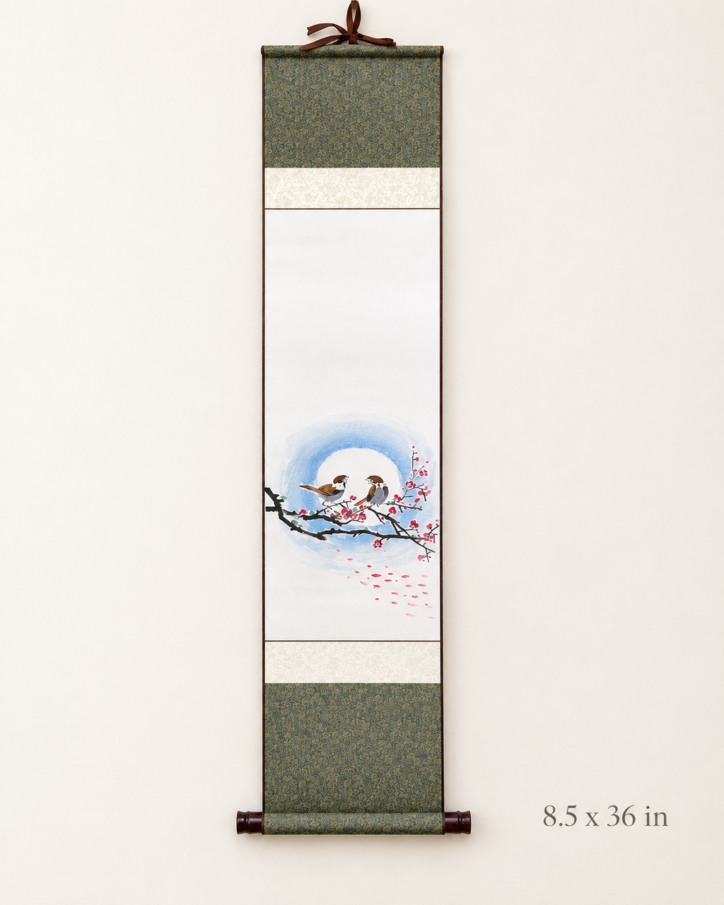 Korean Sparrow Hanging Scroll | Plum Blossom Jokja Wall Art | Korean Traditional Hanging Scroll – Sparrows & Plum Blossoms Wall Art