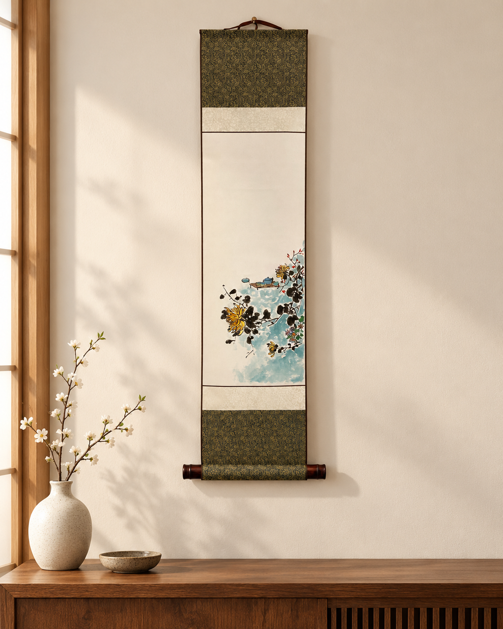 Chrysanthemum Flower Wall Art | Korean Chrysanthemum Hanging Scroll | Traditional Jokja Wall Art | Korean Traditional Hanging Scroll