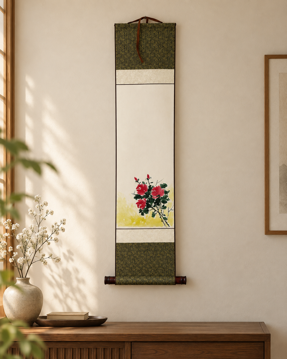 Red Blossom Floral Wall Art | Korean Red Blossom Hanging Scroll | Traditional Jokja Floral Wall Art