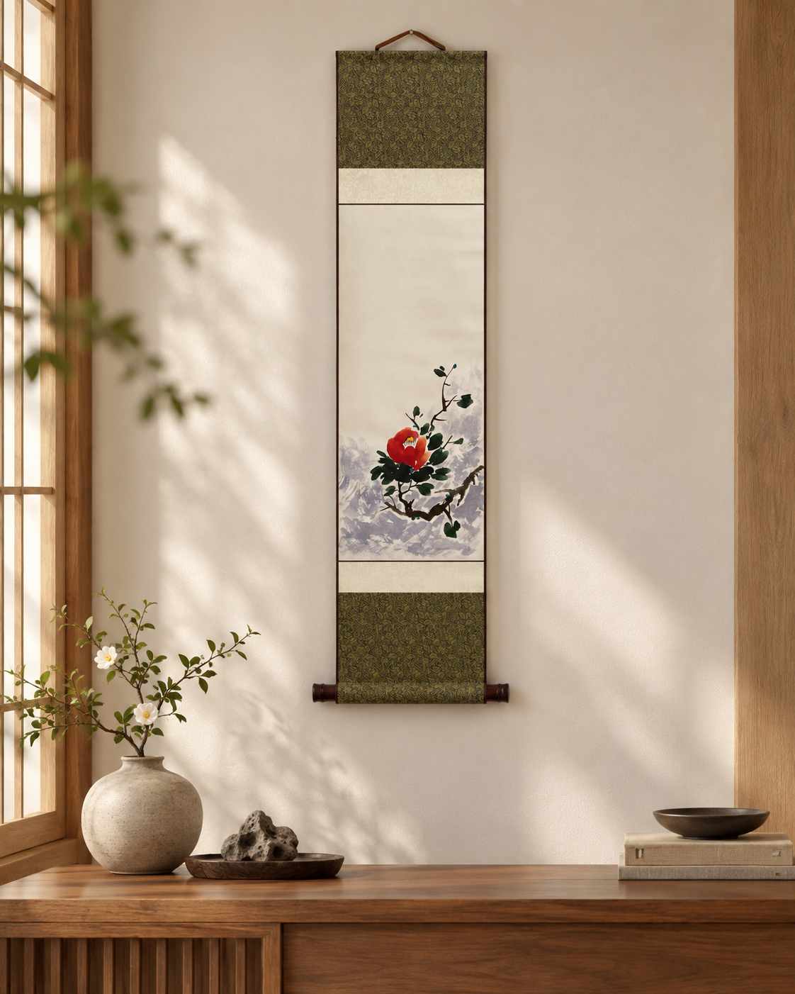 Red Camellia Floral Wall Art | Korean Traditional Hanging Scroll | Minimalist Jokja Wall Art