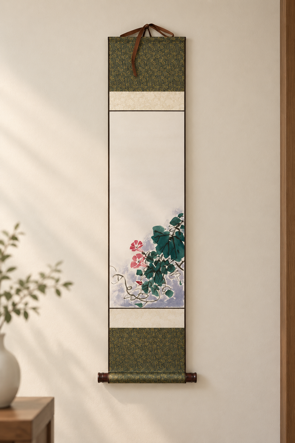 Korean Traditional Hanging Scroll | Red Blossom & Green Leaves Wall Art