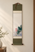 Korean Traditional Hanging Scroll | Red Blossom & Green Leaves Wall Art