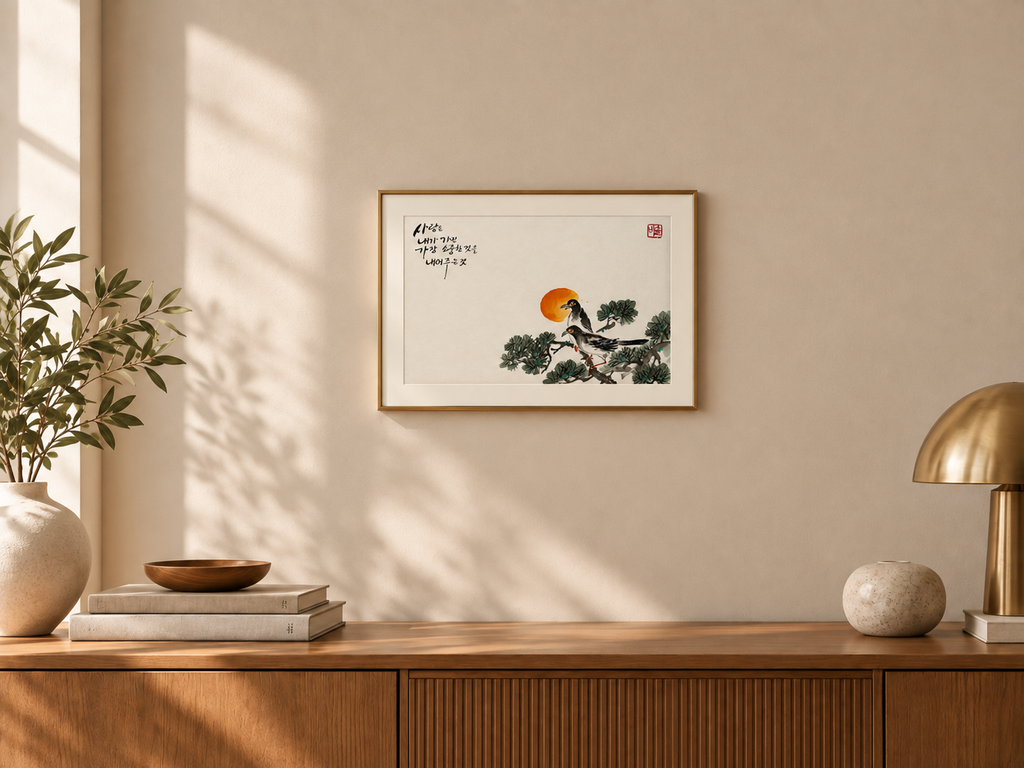 Hand-Painted Korean Calligraphy Art – “Love Is Giving What Is Most Precious” | Traditional Bird & Pine Painting