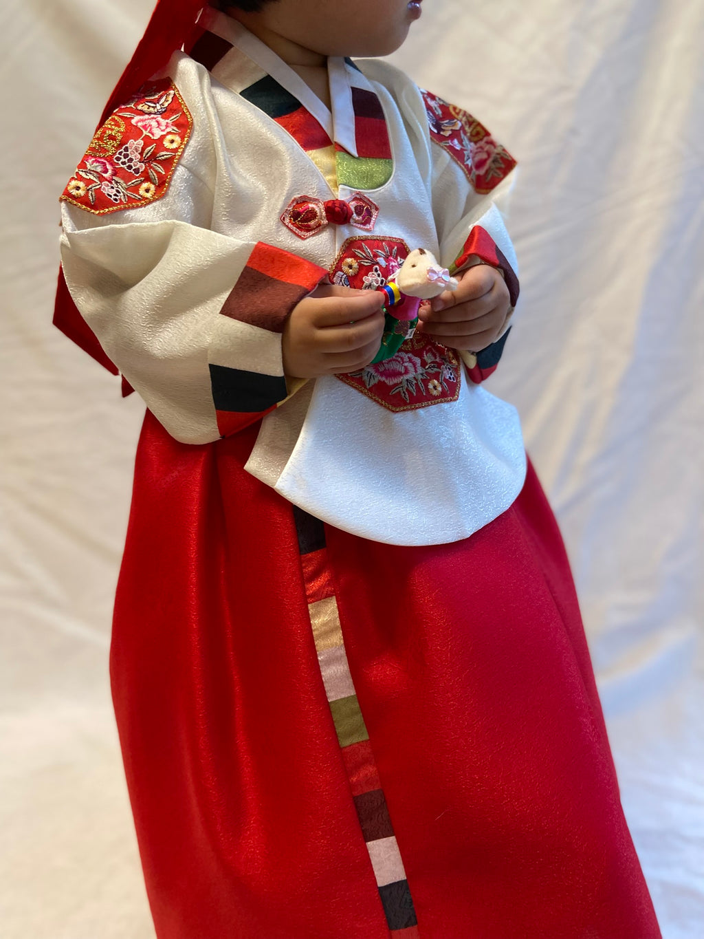 Girl M Hanbok Rental | Red & Ivory 1st Birthday Hanbok | Korean Baby Girl Dol Outfit | Traditional Royal Style Hanbo | Dohl Sign | Size 2