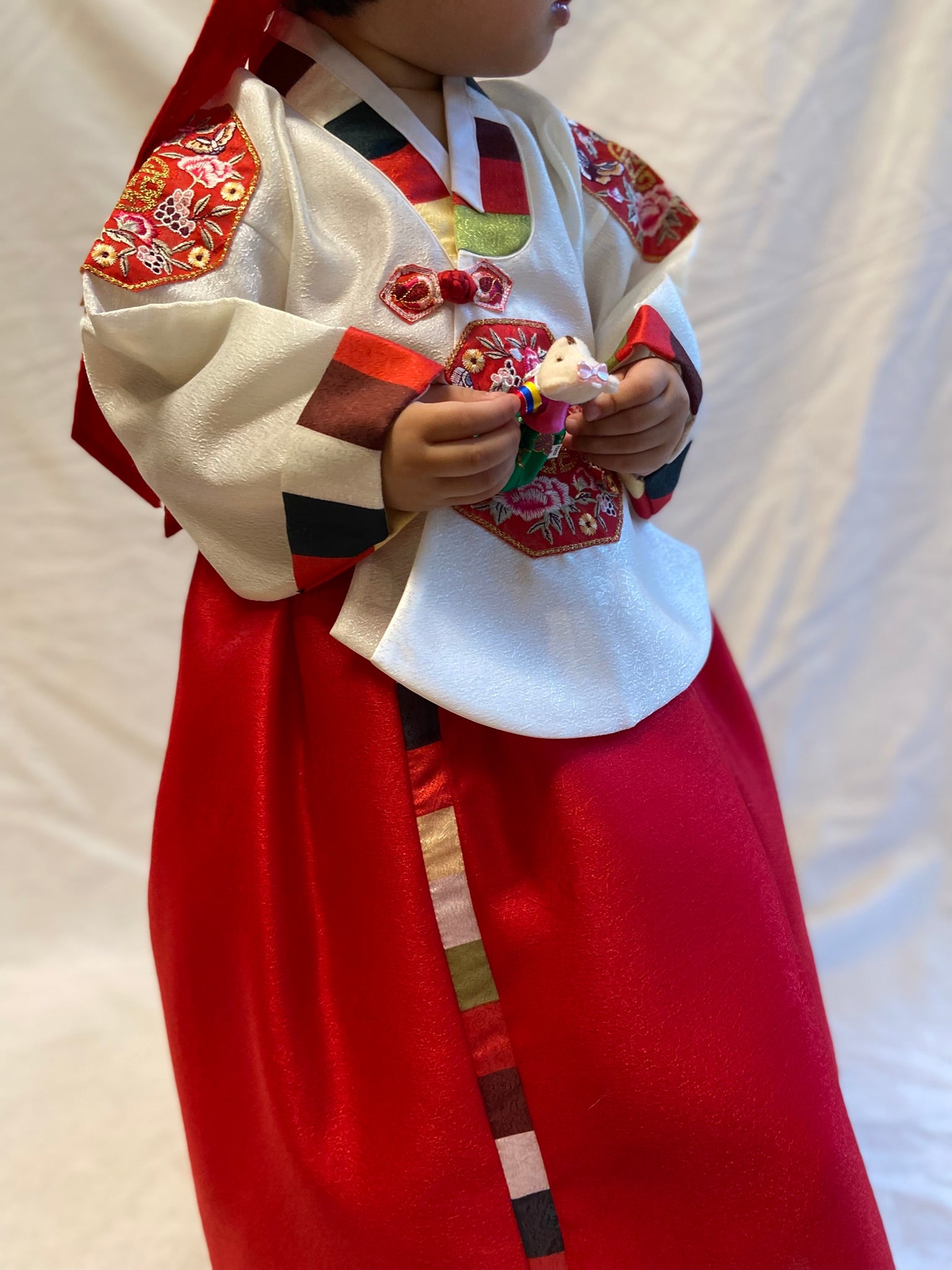 Girl M Hanbok Rental | Red & Ivory 1st Birthday Hanbok | Korean Baby Girl Dol Outfit | Traditional Royal Style Hanbo | Dohl Sign | Size 2