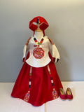 Girl M Hanbok Rental | Red & Ivory 1st Birthday Hanbok | Korean Baby Girl Dol Outfit | Traditional Royal Style Hanbo | Dohl Sign | Size 2