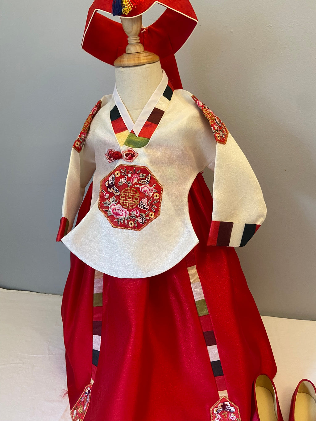 Girl M Hanbok Rental | Red & Ivory 1st Birthday Hanbok | Korean Baby Girl Dol Outfit | Traditional Royal Style Hanbo | Dohl Sign | Size 2