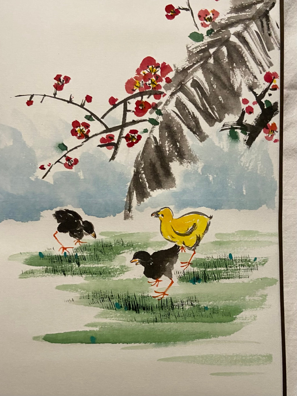 Korean Plum Blossom & Chicks Hanging Scroll | Traditional Jokja Wall Art | Korean Traditional Hanging Scroll