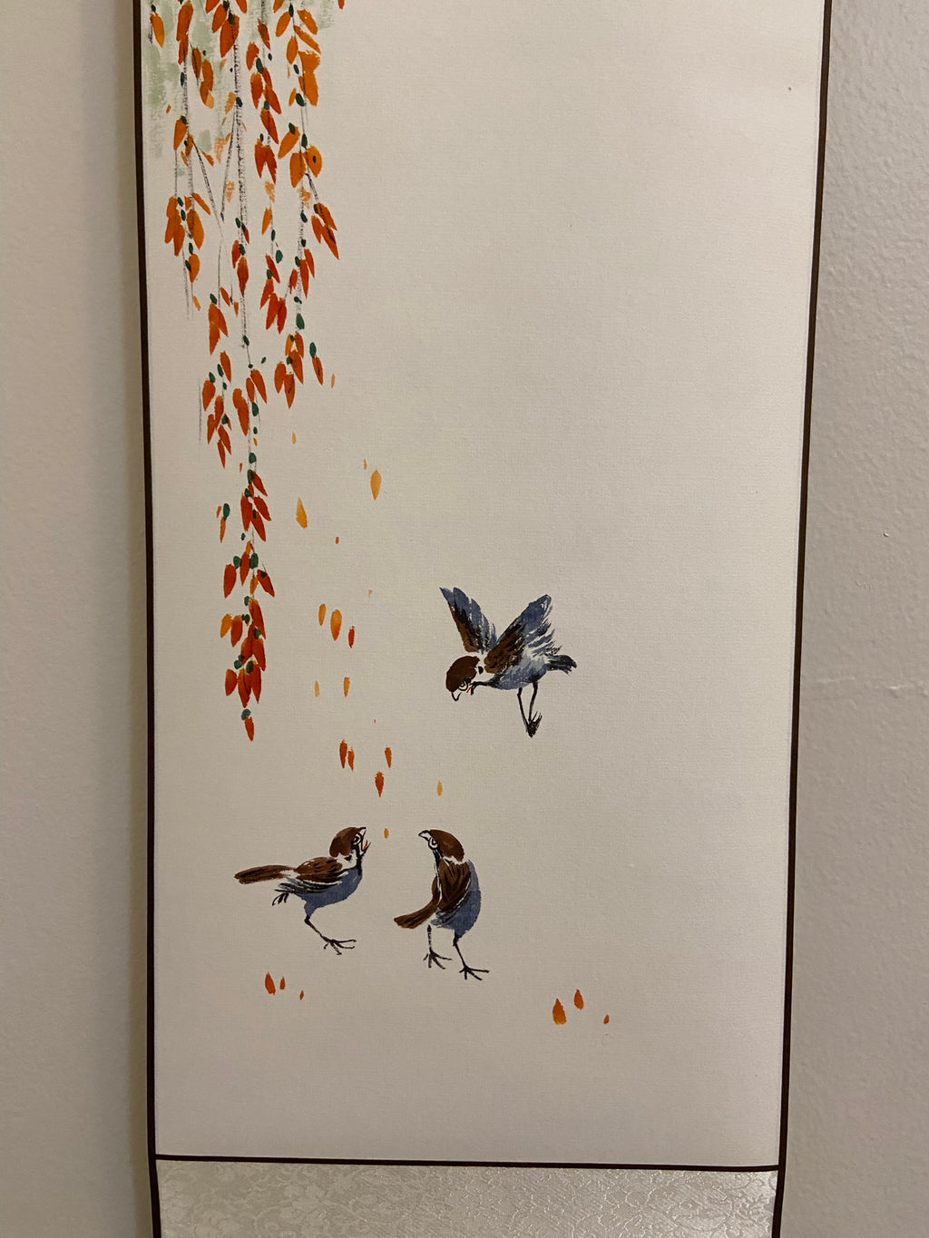 Korean Traditional Hanging Scroll – Birds & Autumn Leaves Wall Art