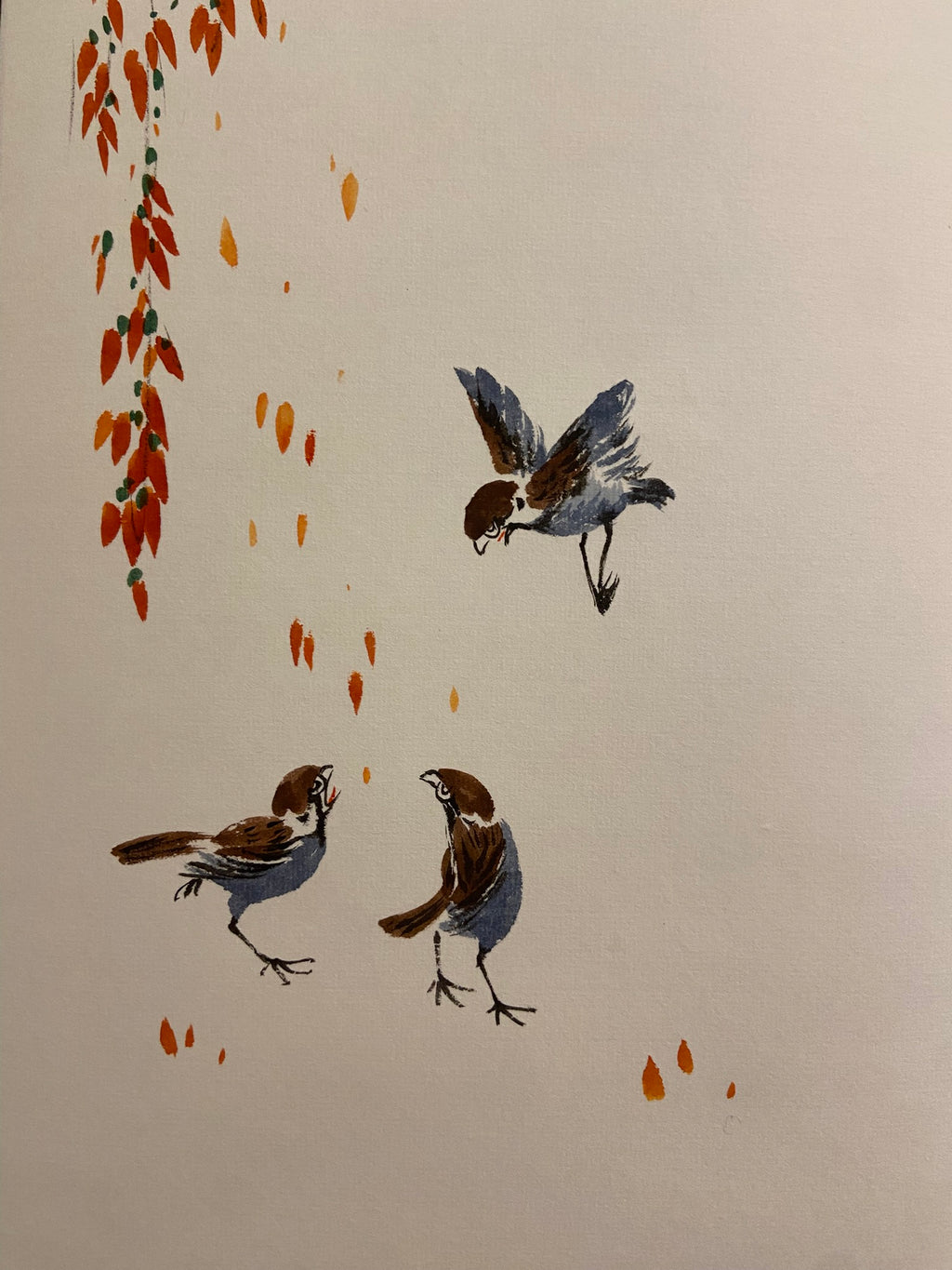 Korean Traditional Hanging Scroll – Birds & Autumn Leaves Wall Art