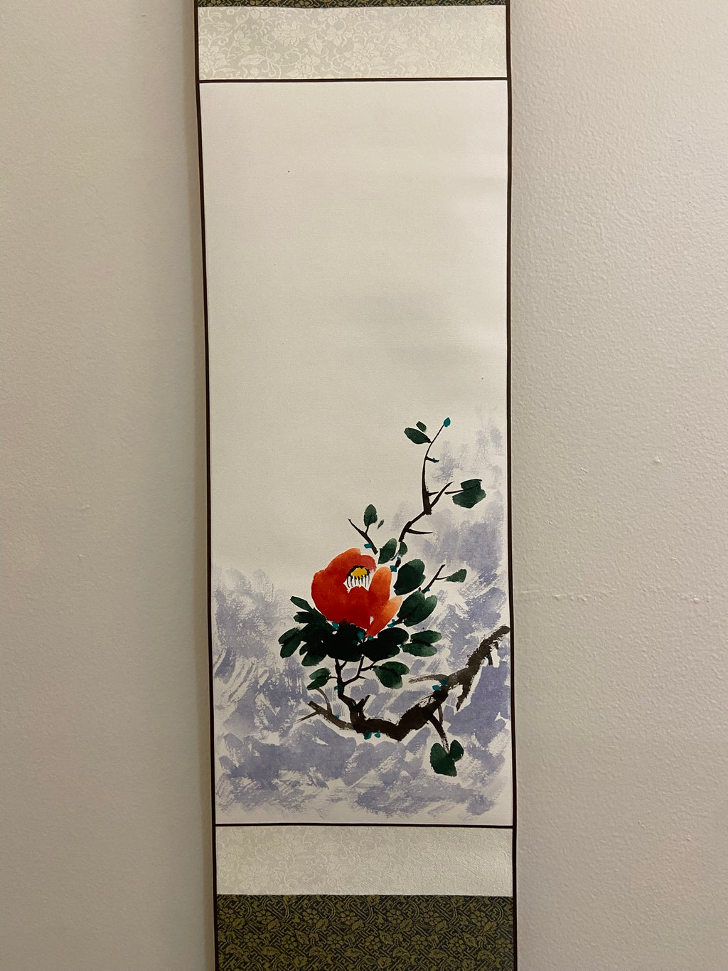 Red Camellia Floral Wall Art | Korean Traditional Hanging Scroll | Minimalist Jokja Wall Art