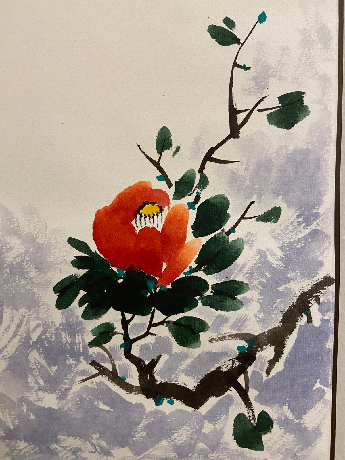 Red Camellia Floral Wall Art | Korean Traditional Hanging Scroll | Minimalist Jokja Wall Art