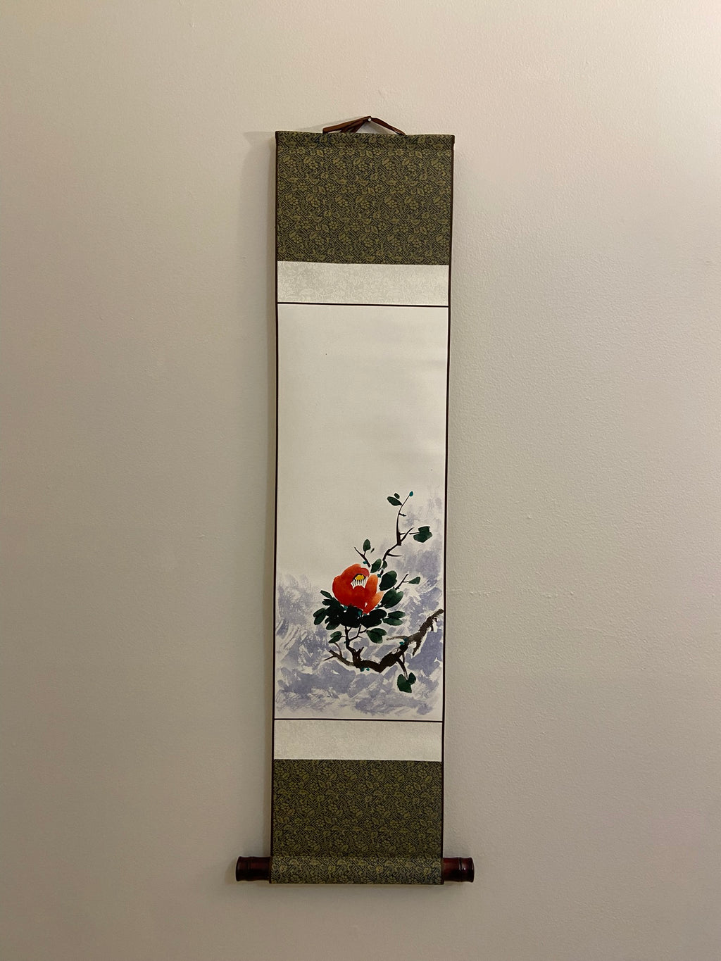 Red Camellia Floral Wall Art | Korean Traditional Hanging Scroll | Minimalist Jokja Wall Art