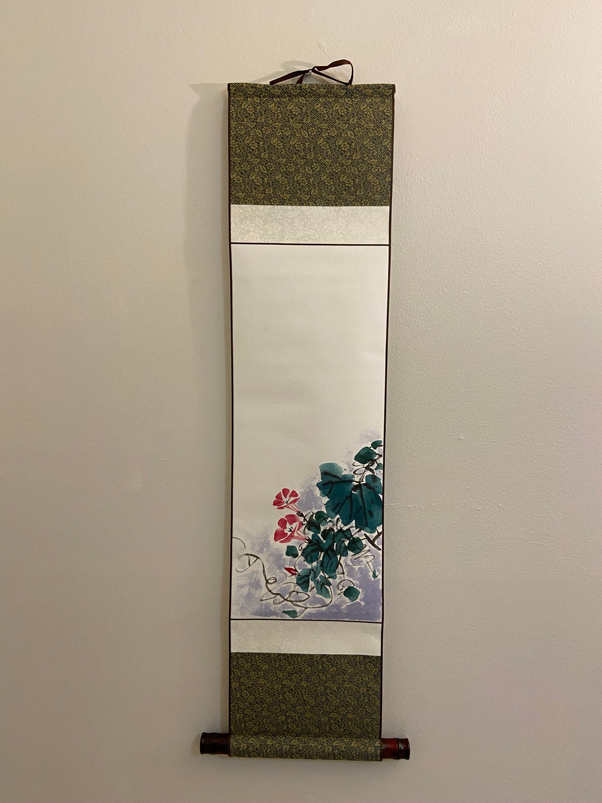 Korean Traditional Hanging Scroll | Red Blossom & Green Leaves Wall Art