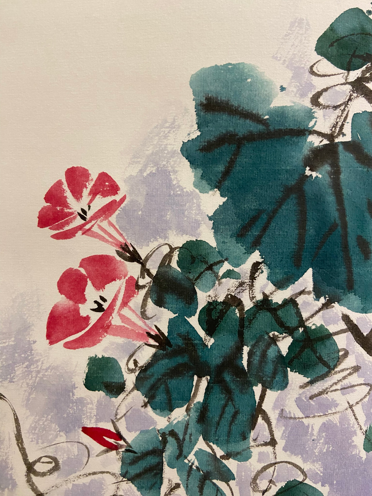 Korean Traditional Hanging Scroll | Red Blossom & Green Leaves Wall Art