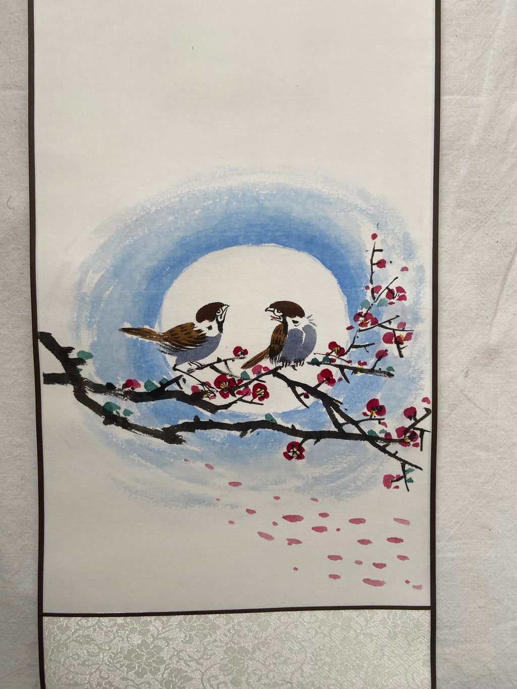 Korean Sparrow Hanging Scroll | Plum Blossom Jokja Wall Art | Korean Traditional Hanging Scroll – Sparrows & Plum Blossoms Wall Art