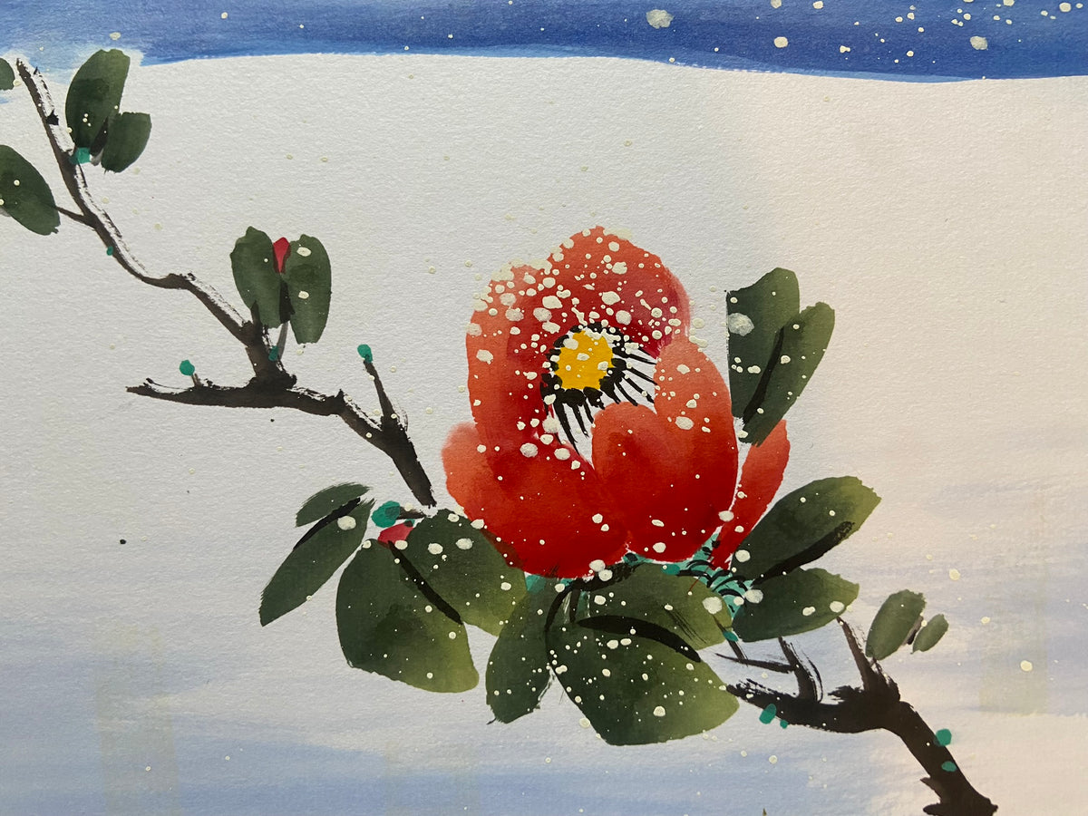 Snowy Red Camellia Painting, Winter Flower Ink and Watercolor Art, Peaceful Floral Wall Decor, Korean folk painting, Korean Wall Decoration
