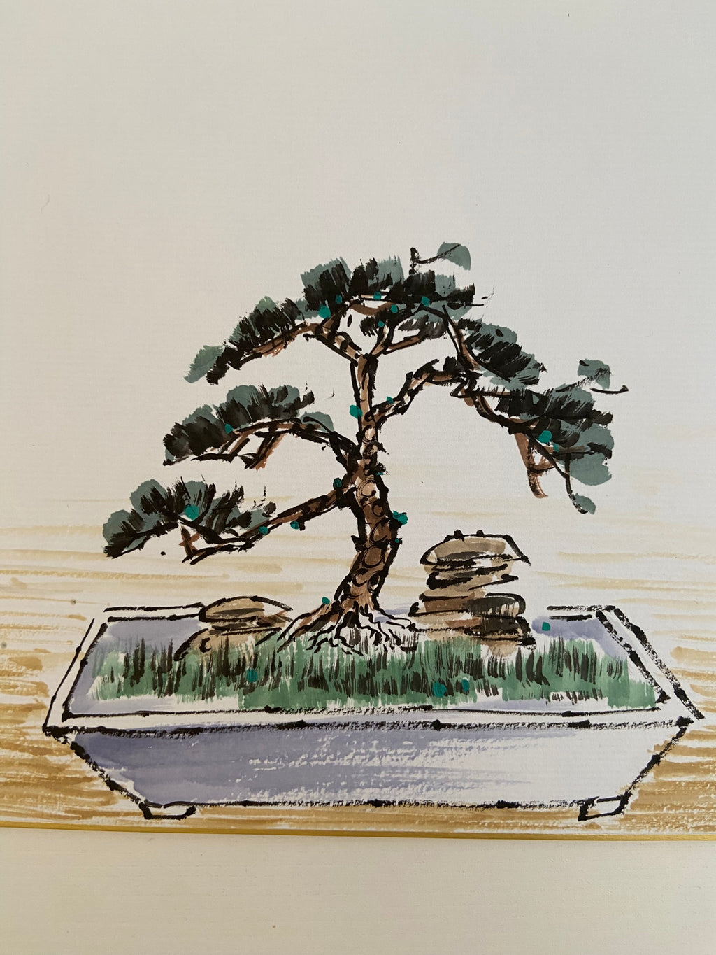 Original Korean Ink Painting 7x8 Wall Art | Pine Bonsai | Wind Bell | Lotus | Minimalist Zen Decor | Asian Calligraphy Art