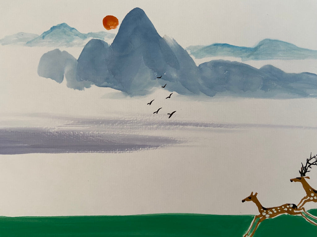 Original Korean Landscape Painting | Deer | Cherry Blossom | Korean Calligraphy Wall Decor | Zen Asian Ink Artwork | Signed Original