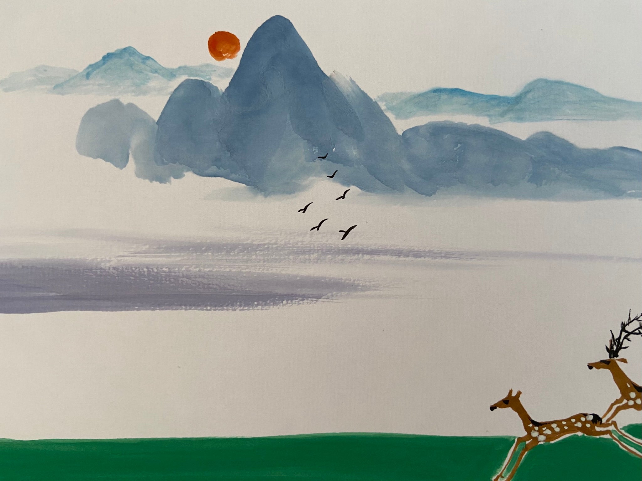 Original Korean Landscape Painting | Deer | Cherry Blossom | Korean Calligraphy Wall Decor | Zen Asian Ink Artwork | Signed Original
