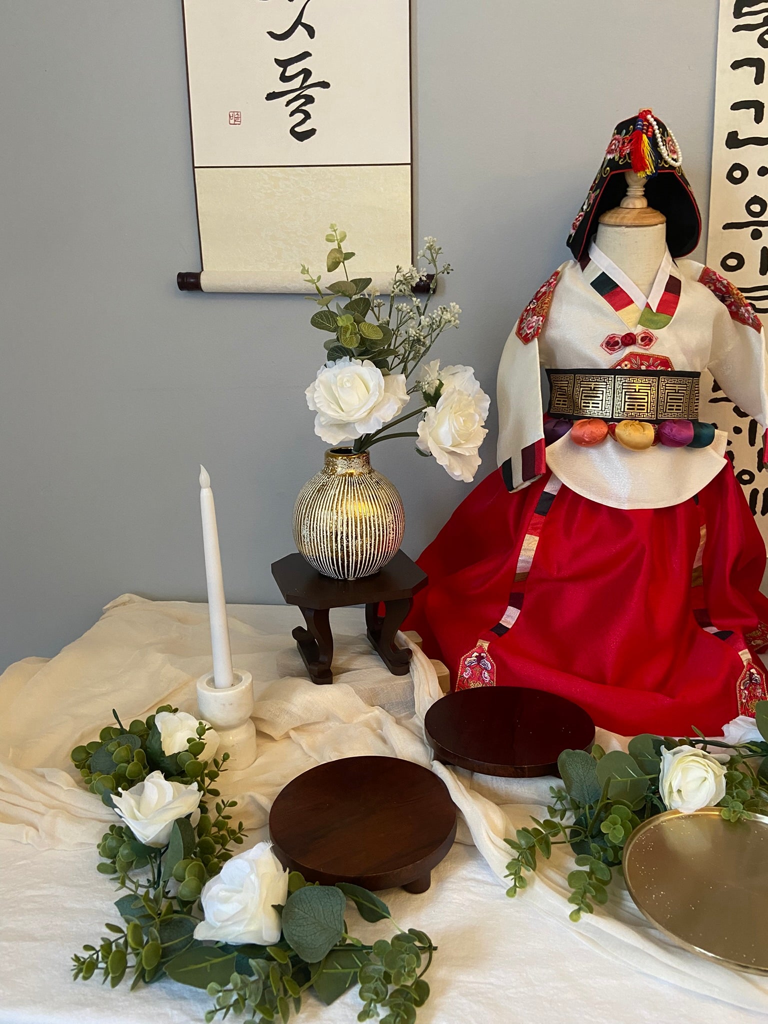 Korean Dol Table Setup | Traditional Baek-il | First Birthday Decor | Handwritten Calligraphy Poem | Luxury Minimal Dolsang | Hanbok | FREE SHIPPING