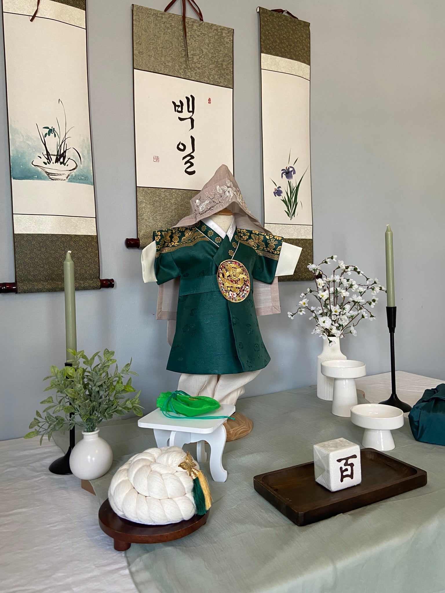 Korean First Birthday Dol Table | Hanbok Rental | Elegant Celebration Setup | First Birthday Backdrop | 100 Days Baek-il Banner